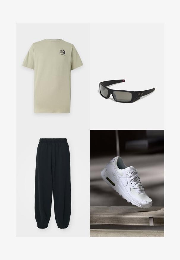 T-shirt de algodão em verde oliva claro com mangas curtas, gola redonda e um pequeno gráfico preto com árvores e um sol no peito.; Calças de fato de treino pretas, com cintura elástica e um corte solto, com punhos nas pernas, textura suave e sem padrões visíveis ou detalhes de metal.; Sapatilha Nike Air Max 90 branca com parte superior em malha e couro, caixa de dedos perfurada e uma unidade de ar visível no calcanhar.; Óculos de sol pretos com acabamento mate, lentes retangulares, leve curvatura nas hastes, detalhe sutil do logo e lentes de cor fumada.