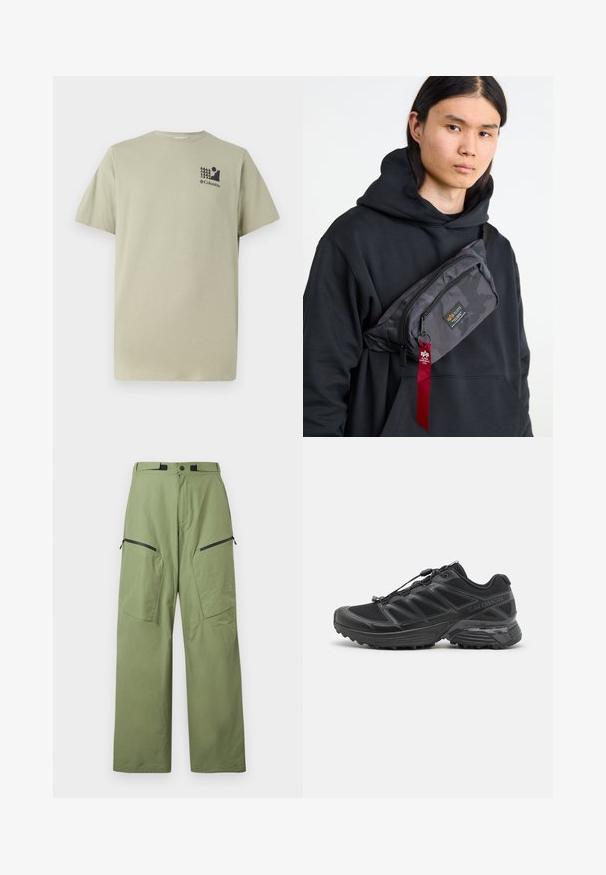 Svetlo olivovo zelené bavlnené tričko s krátkymi rukávmi, okrúhlym výstrihom a malou čiernou grafikou s motívom stromov a slnka na hrudi.; Zelené vonkajšie nohavice vyrobené z ľahkého materiálu, s vysokým pásom, dvoma prednými vreckami na zips a logom umiestneným na stehne.; Čierne behacie topánky so sieťovinovým a syntetickým zvrškom, flexibilná podrážka a elastické šnúrky. Obsahuje polstrovanú medzipodrážku pre pohodlie.; Čierna mikina s kapucňou a šedým maskáčovým ľadvinkou, ktorý má zips a červenú značkovú nášivku, nosená cez hruď.