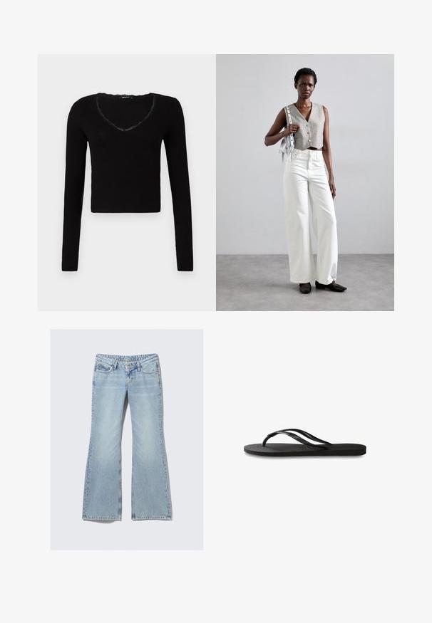 Fekete, hosszú ujjú felső, rövidített dizájnnal, V-kivágással és csipke díszítéssel, valamint bordázott textúrával. Egyszerű és sokoldalú stílus.; Weekday NOVA - Karcsúsított farmerek - lip blue; Fekete papucs texturált gumitalppal, két vékony pánttal és finom, domború logóval a pánton.; Szürke, gombos cropped mellény, fehér, széles szárú farmernadrággal és fekete lapossarkú cipővel párosítva. Kiegészítve egy kis ezüst francia táskával.