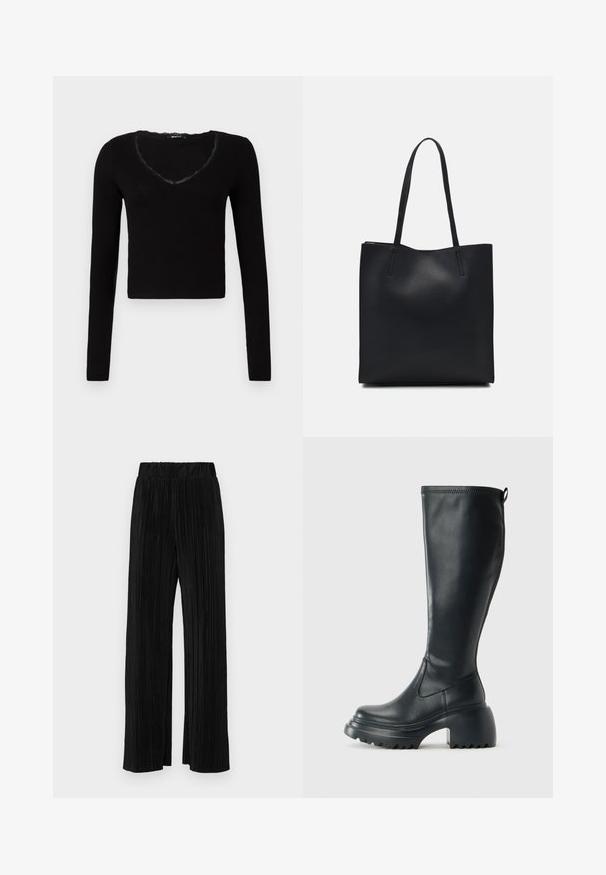 Fekete, hosszú ujjú felső, rövidített dizájnnal, V-kivágással és csipke díszítéssel, valamint bordázott textúrával. Egyszerű és sokoldalú stílus.; Fekete pliszírozott nadrág gumis derekkal. Széles lábakkal rendelkezik, sima, texturált anyagból készült, függőleges csíkokkal.; Magas fekete bőrcipő, vastag platform talppal és blokk sarokkal, húzófüllel és texturált profillal az outsole-on.; Fekete bőrtáska sima felszínnel, téglalap alakú, két hosszú füllel. Nincs látható fémkiegészítő vagy díszítés.