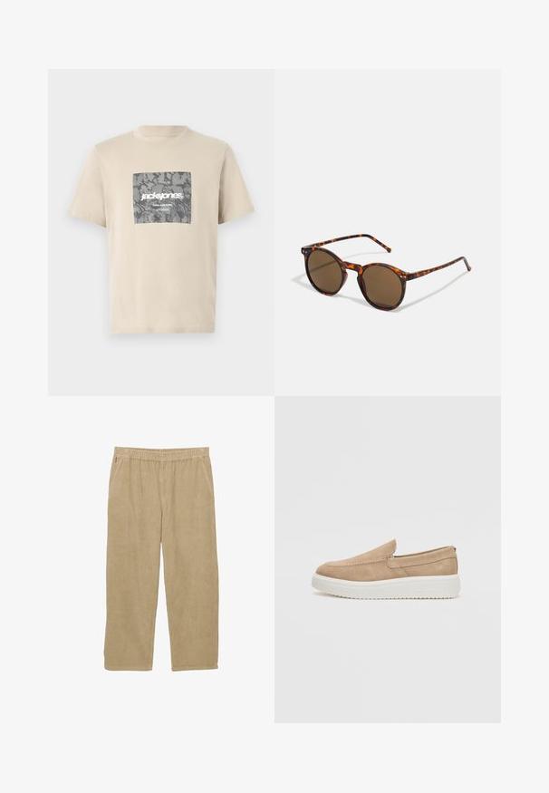 Beige puuvillapaita, jossa on harmaan puutarhan kamouflage-neliökuva ja tekstit "jack&jones" sekä "CORE NINE ZERO". Pyöreä kaula-aukko ja lyhyet hihat.; Beige corduroy-housut, joissa on leveät lahkeet, joustava vyötärö ja kaksi sivutaskua. Ominaisuutena pystysuuntainen ribitetty rakenne.; Steve Madden FLETCHER - Loaferit/pistokkaat - taupe melange; Pyöreät aurinkolasit, joissa on kilpikonnakuviot ja ruskeat linssit. Ominaisuuksiin kuuluu ohuet sangan osat, joissa on lievää tekstuuria ja metallielementtejä linssien lähellä.