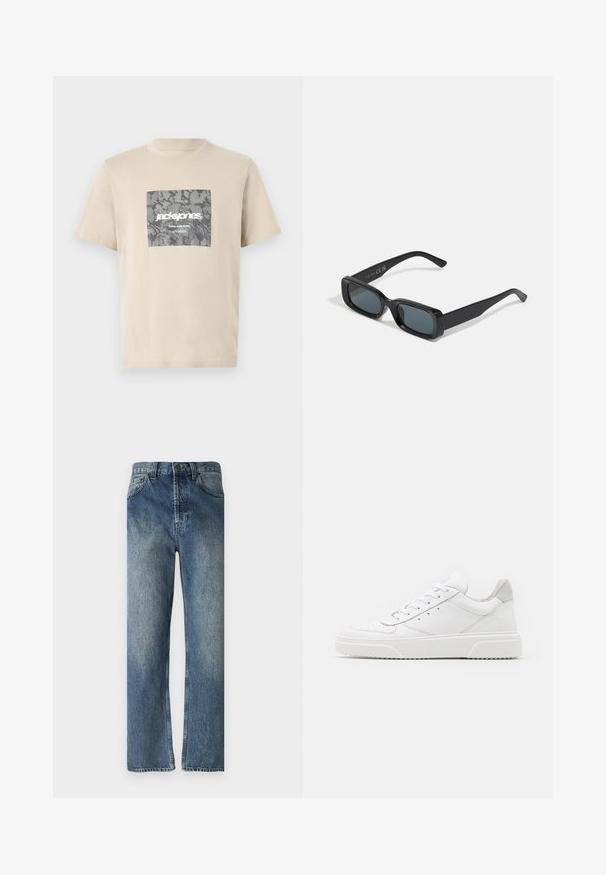 Bežs kokvilnas t-krekls ar pelēku kamuflāžas kvadrātu grafiku, kurā ir teksts "jack&jones" un "CORE NINE ZERO". Apaļa kakla izgriezne un īsas piedurknes.; Zilā džinsa bikses ar taisnu kāju griezumu, ar izbalējušu mazgāšanu, jostu cilpām, priekšējām kabatām un vienu aizmugures kabatu.; Baltie ādas sporta apavi ar gludu virsmu, noapaļotu purngalu, plakaniem šņorēm un reljefa zoli. Pelēks zamšādas akcenti pie papēža.; Melnas taisnstūra saulesbrilles ar tumšiem stikliem. Glancēta kārba, taisnas rokas ar vieglu izliekumu. Minimalistisks dizains, bez rotājumiem.