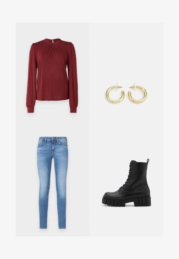 Burgundy long-sleeve blouse with a high neckline, pleated front detail, and fitted cuffs. Made from a smooth, lightweight fabric.; Navy corduroy shirt with a button-up front, collar, and three-quarter sleeves. Features a peplum-style gathered hem and soft texture.; Slim-fit light blue denim jeans with mid-rise waist, front button, and five-pocket design.; Black leather ankle boot with chunky, ridged sole, lace-up front, and pull tab on smooth white background.; Gold hoop earrings with a smooth, shiny finish. Circular design featuring a small post and clear backing for secure wear.