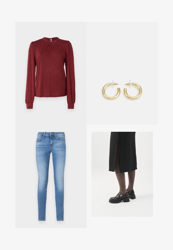 Burgundijas krāsas garenām piedurknēm blūze ar augstu apkakli, plīsumiem priekšpusē un piegulošiem apkaklīšiem. Izgatavota no gludas, vieglas auduma.; Jūras spēku krāsas kordūras krekls ar pogu aizdari, apkakli un trīs ceturtdaļu piedurknēm. Ar pepluma stila sapulcinātu apakškalu un maigu tekstūru.; Šauri gaismis zili džinsi ar vidēju jostas augstumu, priekšējo pogu un piecu kabatu dizainu.; Melni ādas apavi ar noapaļotu purngalu, biezām bloku papēžiem un elastīgiem sānu akcentiem, apvienoti ar tumšām zeķubiksēm un melnu svārku ar šķirbu.; Zelta auskari ar gludu, spīdīgu apdari. Apaļš dizains, kas ietver mazu tapu un caurspīdīgu pamatni drošai valkāšanai.