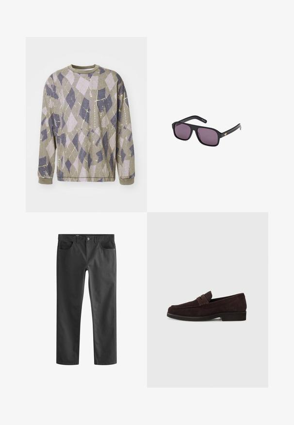 Długi rękaw sweatshirt z teksturowanej szarej tkaniny z geometrycznym wzorem rombów w jasnofioletowym i granatowym kolorze oraz metalicznymi żółtymi akcentami.; Ciemnoszare dżinsy z klasycznym prostym krojem nogawek, z dwoma przednimi kieszeniami i zapięciem na guzik. Gładka tekstura i minimalne detale.; Brązowe zamszowe mokasyny o niskim profilu i zaokrąglonym nosie. Posiadają ozdobny pasek na górze, płaską gumową podeszwę i brak widocznych szwów.; Czarne okulary przeciwsłoneczne z kwadratową oprawką, ciemnymi soczewkami i złotym logo na zauszniku. Gładki plastikowy materiał z matowym wykończeniem.