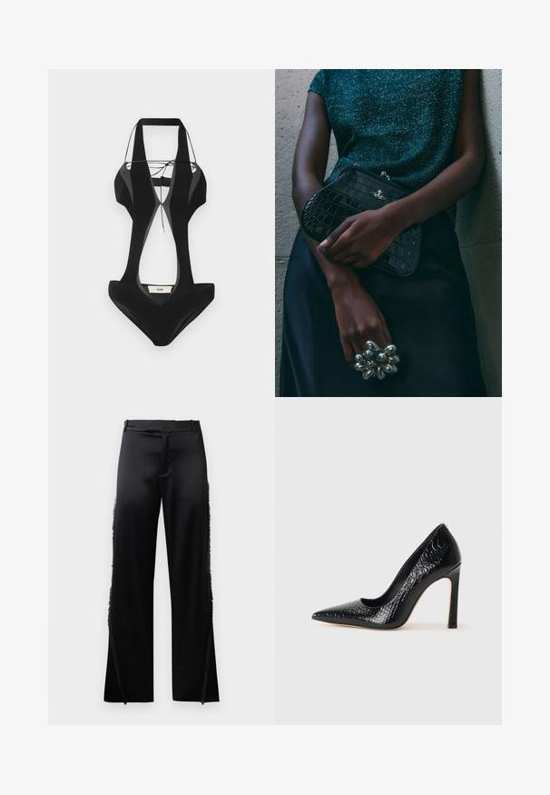 Black swimsuit with cut-out sides, thick straps, and a v-neck design. Made of smooth fabric, featuring a branded label at the back.; Black satin long-sleeve shirt with a high collar, cinched waist, and adjustable drawstring detail. Smooth texture with a sleek finish.; Black satin pants with wide legs, featuring fringe details along the side seams and a flat front waistband. Plain back without pockets.; Black pointed-toe high heel shoe with a crocodile-skin texture, featuring a sleek design, high stiletto heel, and smooth black interior.; Black crocodile-patterned clutch bag with silver hardware, held against a textured gray background. Features a shiny surface.