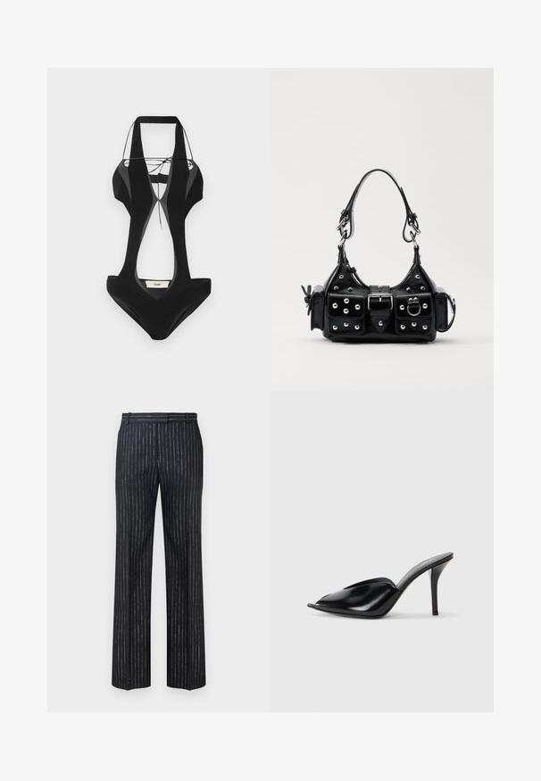 Svart baddräkt med utskurna sidor, tjocka axelremmar och v-ringad design. Tillverkad av glatt tyg, med en märkesskylt på baksidan.; Mörkrandiga byxor med vida ben, tillverkade av texturerat tyg med vertikala silverränder. Rakt fram och med bälteshällor.; Svarta läder högklackade mule-skor med öppen tå, spetsig design, slät yta och en smal stiletto-häl.; Svart läderhandväska med en kurvad design, prydd med silverfärgade nitar, ett spänne och två sidofickor. Justerbar rem för olika bäralternativ.