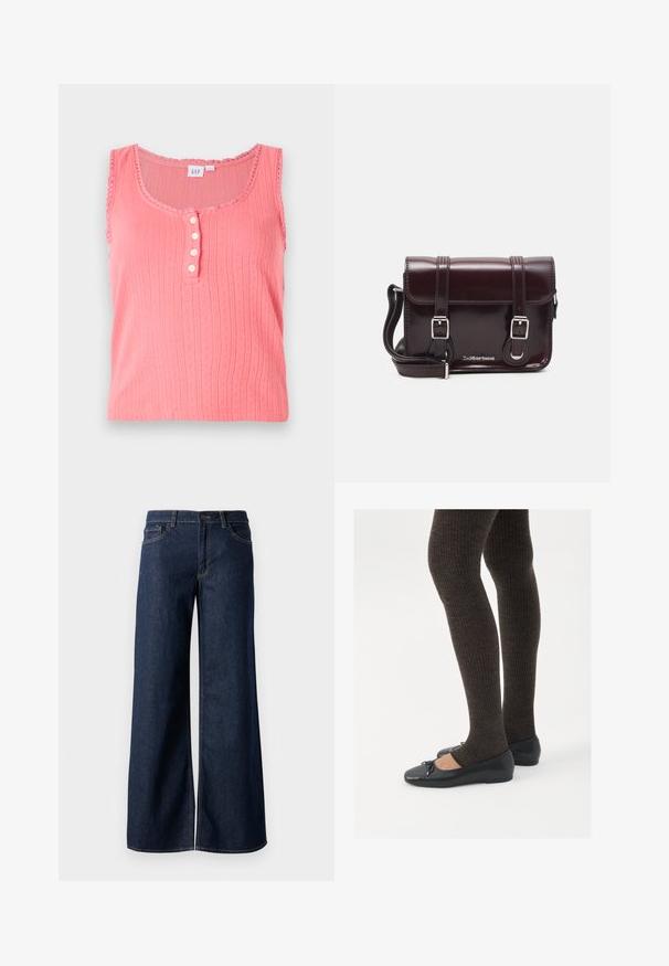 Ružový bezrukávový top s textúrovaným vertikálnym prúžkovým vzorom, výstrihom do tvaru lode a radom piatich gombíkových akcentov.; Džínsy s širokými nohavicami v tmavomodrom denime. Obsahujú kontrastné prešívanie, päť vreciek a gombíkový zips v oblasti pása. Hladká textúra.; Čierne ploché topánky s malou mašľou na špičke, v kombinácii s tmavohnedými rebrovanými pančuchami. Topánky majú hladký povrch a nízky profil.; Krikvová lakovaná kožená crossbody taška s obdĺžnikovým tvarom, dvoma popruhmi, striebornými doplnkami a prednou klapkou.