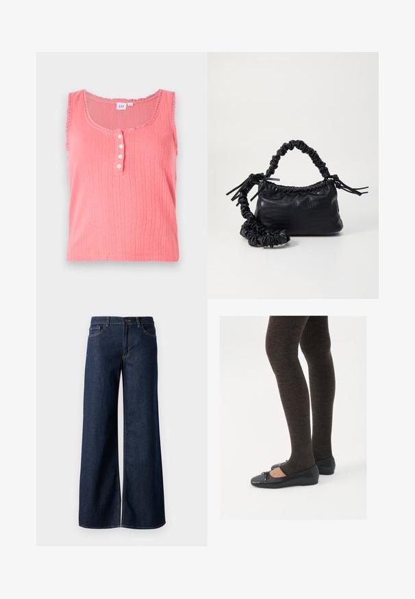 Pink, sleeveless tank top featuring a textured vertical stripe pattern, a scoop neckline, and a row of five button accents.; Wide-leg jeans in dark blue denim. Features contrast stitching, five pockets, and a button closure at the waist. Smooth texture.; Black flat shoes with a small bow detail at the toe, paired with dark brown ribbed tights. Shoes have a smooth texture and low profile.; Black faux leather handbag with a crocodile texture, cinched top, and a scrunched strap. Appears soft and compact in design.