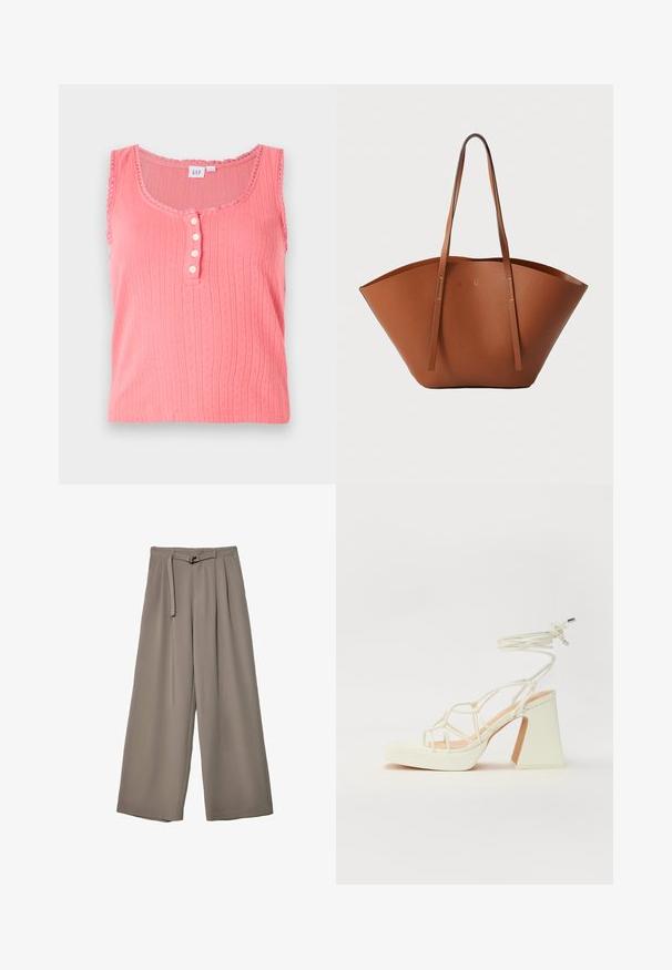 Ružový bezrukávový top s textúrovaným vertikálnym prúžkovým vzorom, výstrihom do tvaru lode a radom piatich gombíkových akcentov.; Široké nohavice v jemnej, tlmenej šedej tkanine, s opaskom v pase a vreckami pre dodatočný dizajnový detail. Hladký povrch, bez vzorov.; Biele sandále na vysokom opätku s hrubým podpätkom, s pruhovaným dizajnom a viazaním na členku. Hladký povrch s platformou vpredu pre zvýšenú výšku.; Hnedá kožená taška na rameno s širokým, štruktúrovaným tvarom, tenkými popruhmi a textúrovaným povrchom. Displej minimalistického dizajnu bez viditeľného hardvéru.