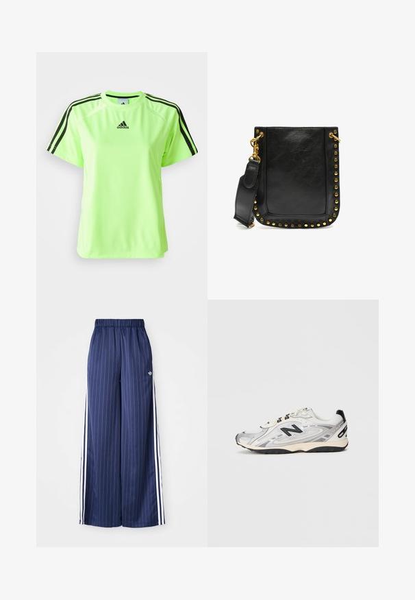 Neoon roheline spordipaita, mis on valmistatud niiskust eemaldasest kangast. Omab musta kolmega triibuga disaini õlgadel ja logo, mis on keskel rinnal.; Tumedate sinised laiad püksid, millel on vertikaalsed valged triibud, elastne vöökoht ja kolm valget triipu igal küljel, valmistatud kergest materjalist.; Hallux ja valge spordijalats, millel on ümar varvas, võrgumaterjal ja sünteetilised materjalid, mustad detailid ja tekstuuriga kummipohja.; Must pronks nahkrahakott, mille ääres on kuldsed studid, lame kuju ja reguleeritav sang kuldse kinnitusega.