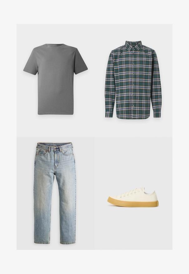 Siva kratka majica s kratkimi rokavi, izdelana iz mehkega bombaža, z okroglim izrezom, gladko teksturo in brez vidnih motivov ali poudarkov.; Zeleni flanelast srajc s karirastim vzorcem, ki vsebuje modre, bele in gorčične rumene črte. Z gumbi zapnjen sprednji del in usmerjen ovratnik. Dolgi rokavi.; Svetlo modri džins hlače z visokim pasom, sprednjim gumbom, zadrgo in petimi žepi, laid flat na nevtralni podlagi.; Platnene superge v off-white barvi z okroglim nosom, z bež gumijastimi podplati in petimi odprtinami za vezalke, z zrnato površino na zgornjem delu.