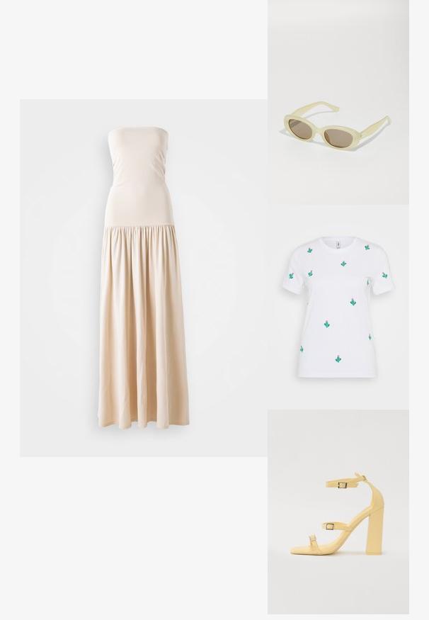 Valge puuvillane t-särk lühikeste unravelitega, millel on väiksed rohelised kaktused roosade lilledega, ühtlaselt jaotatud kangale.; Bež sanga ilma õlakihtidega maxi kleit, millel on vormitud bodice ja voolav kokku volditud seelik, valmistatud pehmest kangast, omades ühtlast sileda tekstuuri.; Kollase plokk-kontsadega sandaalid, millel on kolm reguleeritavat rihma, ruudukujuline nina, sile sünteetiline materjal ja hõbedase tooni pandlad.; Ovaalsed prillid, millel on läbipaistev helekollane raam ja pruunid läätsed. Omavad sileda tekstuuri ja peeneid detailide aktsente külgedel.