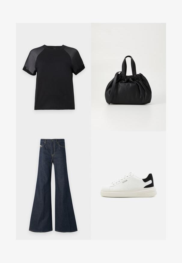 AllSaints ANNIE TEE - Basic póló - black; Sötétkék, bővülő farmernadrág, magas derékkal, aranyvarrás kiemelésekkel, és két elülső zsebbel, gombos záródással.; Fehér bőr sportcipők vastag fehér talppal, fekete velúr sarokpikkelyel és dombornyomott logóval az oldalon. Fűzős kialakítás, hat fűzőlyukkal.; Fekete bőr kézitáska, összegyűrt felső dizájnnal, két rövid fülekkel és egy hosszú, állítható pánttal. Simább textúra, lekerekített forma.