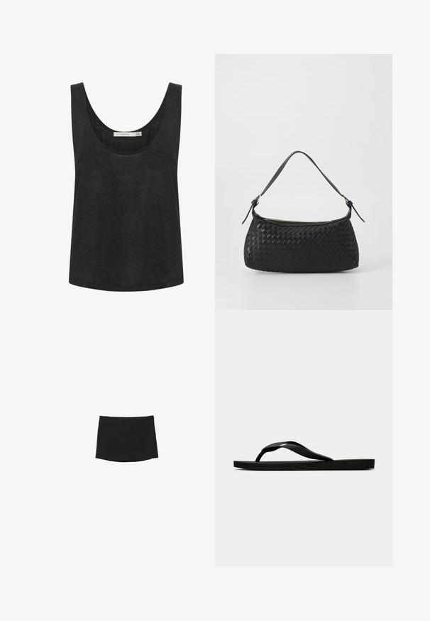 Top senza maniche nero realizzato in un tessuto leggero e texturizzato. Presenta un collo arrotondato e una vestibilità comoda. Nessun motivo o accento visibile.; Minigonna nera realizzata in tessuto morbido e elasticizzato; presenta una linea dritta con un orlo discreto e senza chiusure o motivi visibili.; Infradito in gomma nera con cinturino testurizzato e suola piatta semplice, mostrati di lato su uno sfondo chiaro e uniforme.; Borsa a spalla nera intrecciata con tracolla in pelle liscia e chiusura con zip. Presenta una superficie texturizzata e una forma curvata.