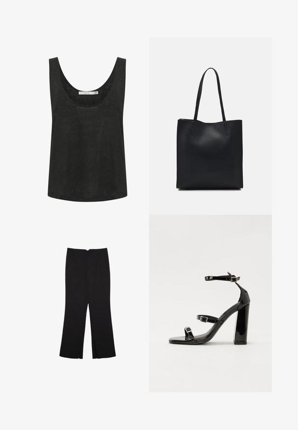 Schwarzes ärmelloses Tanktop aus einem leichten, strukturierten Stoff. Mit einem runden Ausschnitt und einer lockeren Passform. Keine sichtbaren Muster oder Akzente.; Schwarze Hose mit geradem Schnitt, ausgestattet mit Fronttaschen und Seitenschlitzen am Saum. Hergestellt aus weichem, glattem Stoff. Geeignet für verschiedene Anlässe.; Schwarze patentierte Sandalen mit Absatz, quadratischer Spitze, Knöchelriemen und silbernen Schnallen. Mit einem stabilen Blockabsatz für mehr Stabilität.; Schwarze Laptoptasche aus Leder mit glatter Textur, rechteckiger Form und zwei langen Griffen. Keine sichtbaren Beschläge oder Verzierungen.