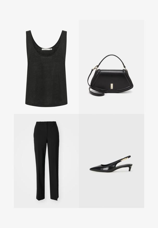 Fekete ujjatlan tank top, könnyű, texturált anyagból készült. Hengeres nyakkivágással és laza fazonnal rendelkezik. Nincsenek látható minták vagy díszítések.; Fekete, testhezálló nadrág egyenes szárú kivitelben, sima textúrával és éles redőkkel az elején. Nincs látható fémalkatrész.; Fekete bőr slingback magassarkúk, hegyes orral, vékony sarkakkal és arany színű részlettel a állítható pánton. Simа felület.; Fekete bőr kézitáska, strukturált dizájnnal, rövidített formával, felső fogantyúval és arany színű kiegészítőkkel. Állítható vállpánt is tartozik hozzá.