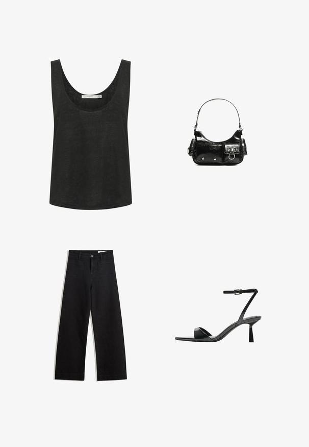 Musta hihaton toppi, joka on valmistettu kevyestä, tekstuuripinnasta. Sen tuntomerkkeinä ovat pyöreä pääntie ja rento istuvuus. Ei näkyviä kuvioita tai aksentteja.; Mustat leveät farkut korkealla vyötäröllä, joissa on etu- ja takataskut, ommellut saumat ja nappisuljenta. Silkinoinen rakenne.; Bershka Korolliset sandaalit - black; Mustekko mustasta kiiltonahasta valmistettu käsilaukku, jossa on kaareva muoto, yksi olkahihna, etutaskut ja hopeanväriset yksityiskohdat.