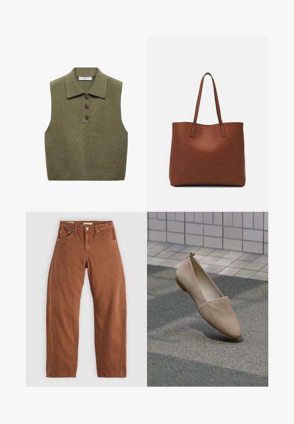 Mango Poloshirt - khaki; Roestbruin rechte jeans met voor- en achterzakken, metalen klinknagels, knoopsluiting en riemlussen, plat neergelegd op een witte achtergrond.; Beige platte schoen van zacht materiaal, met een puntige neus en een minimalistisch ontwerp. Bevat een kleine hak en een lus aan de achterkant.; Bruine leren tote bag met een gladde textuur, een ontwerp met een open bovenkant en twee schouderbanden. Kenmerkt zich door minimale stiksels en geen zichtbare hardware.