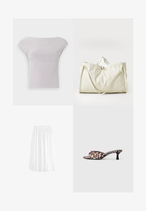 Prilegajoča, brezramenska majica v svetlo sivi barvi, narejena iz gladkega, raztegljivega materiala. Minimalističen dizajn s kratkimi, pokritimi rokavi in eleganto silhueto.; Bela krila do kolen z nabranim elastičnim pasom in tekočim dizajnom. Narejena iz lahkega materiala z gladko teksturo.; Mule z vzorcem leopardje z nizko črno stiletto peto. Zgornji del iz mehke tkanine z detajlom vozla spredaj in gladkim ravnim podplatom.; Bela sintetična torba z mehkimi površinami, ki ima dvojne zgornje ročaje, osrednjo zategovalno zaporo in minimalne šive.
