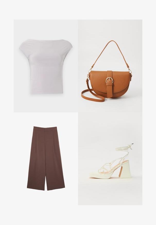 Súkené, mimo ramienka top v svetlosivej farbe, vyrobené z hladkej, elastickej tkaniny. Minimalistický dizajn s krátkymi, kapovými rukávmi a elegantným silueta.; Hnedé nohavice so širokými nohavicami a hladkou textúrou, s vysokým pásom a prednými skladmi. Tkanina je ľahká a voľne sa pohybuje.; Biele sandále na vysokom opätku s hrubým podpätkom, s pruhovaným dizajnom a viazaním na členku. Hladký povrch s platformou vpredu pre zvýšenú výšku.; Hnedá kožená kabelka cez telo s zakriveným tvarom, zlatými kovovými doplnkami a akcentom s prackou. Obsahuje odnímateľný ramenný popruh.