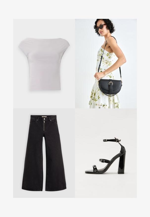 Top ajustado, con los hombros al descubierto, en gris claro, hecho de un tejido suave y elástico. Diseño minimalista con mangas cortas y un escote elegante.; Jeans de pierna ancha en denim negro con cierre frontal, diseño de cinco bolsillos y detalles de costura sutiles. Textura suave y estilo casual.; Sandalias de tacón de charol negro con punta cuadrada, correas en el tobillo y hebillas plateadas. Presentan un tacón grueso para mayor estabilidad.; Bolso de piel negra con forma curva, correa desmontable y herrajes dorados. El bolso cuenta con una solapa con un detalle de hebilla.