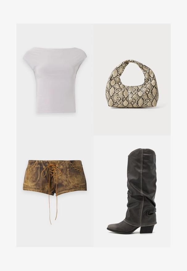 Súkené, mimo ramienka top v svetlosivej farbe, vyrobené z hladkej, elastickej tkaniny. Minimalistický dizajn s krátkymi, kapovými rukávmi a elegantným silueta.; Hnedé kraťasy na šnurovanie s textúrovaným povrchom a kontrastnými béžovými šnúrkami. Obsahujú očká a priliehajúci strih pre tesný vzhľad.; Sivé kožené čižmy po lýtka s voľným dizajnom, špicatou špičkou a poskladaným podpätkom. Výrazné šitie v oblasti špičky.; Kabelka s hadím vzorom a zakriveným rukoväťou. Vyrobená z textúrovaných béžových a hnedých materiálov, s charakteristickým diamantovým vzorom.