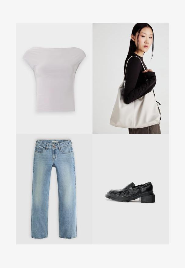 Top aderente, scollato sulle spalle, di colore grigio chiaro, realizzato in tessuto morbido e elasticizzato. Design minimalista con maniche corte a cappuccio e una silhouette elegante.; Jeans dritti di un blu chiaro realizzati in denim, caratterizzati da una chiusura con bottoni, cinque tasche e una leggera scoloritura lungo le gamb.; Mocassini in pelle nera con suola strutturata, caratterizzati da un tacco a blocco leggermente sollevato e una tomaia texturizzata, fissati da una cintura frontale.; Borsa a mano beige realizzata in materiale morbido, caratterizzata da un design morbido, dettagli cuciti e due manici. Adatta per l'uso quotidiano.; Set di dodici orecchini a cerchio in tonalità argento e oro. Include design attorcigliati, lisci e testurizzati con varie dimensioni e finiture.