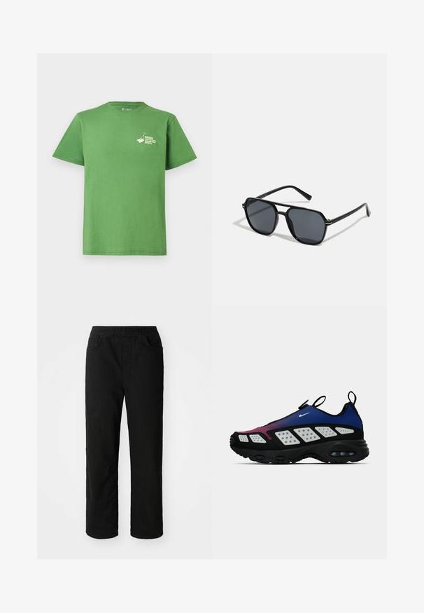 Roheline puuvillane t-särk lühikeste varrukatega. Vasakul rinnal on valge graafiline trükk, ümmargune kaelus ja vaba lõige.; Must have lõikega mustad puuvillased püksid, elastse vöökoha, kahe esipocketi ja sirgete jalgadega. Sile tekstuur, ilma nähtavate mustriteta.; Nike'i tennised, millel on lilla ja sinine gradientdisain, sünteetiline ülemine osa, perforatsioonidega valged aktsendid ja must kummitald.; Mustad mustad prillid oktaalpäistega, tumedad läätsed, läikiv viimistlus, õhukesed templid ja kuldsed aktsendid ees.