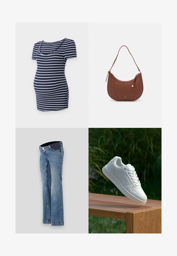 Jūras spēku un baltas svītrās topiņš grūtniecēm, īsas piedurknes, apaļš kakla izgriezums, ribota tekstūra, piegulošs, ar papildus telpu augošam vēderam.; Gai zila džinsu bikses ar paplašinātu kāju dizainu, ar tumšu jostasvietu un piecām kabatām, pabeigtas ar redzamām šuvju detaļām.; Baltie sporta apavi ar gludu sintētisku augšpusi, perforētu pirkstu daļu, plakani šņorēm un rakstainu zoli, novietoti uz koka virsmas.; Brūns mākslīgās ādas pleca soma ar izliekta forma, minimāls šuvums un zelta toņa aparatūras akcenti. Aprīkota ar augšējo rāvējslēdzēju un regulējamu siksnu.