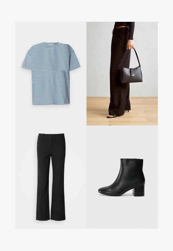 Svītrains T-krekls gaiši zils un balts, ar īsām piedurknēm un apaļu kakla izgriezumu. Izgatavots no gludas, elpojošas auduma.; Melni kokvilnas auduma bikses ar taisnu kāju dizainu, priekšējo pogu aizdari un divām sānu kabatām. Gluda tekstūra, bez redzamām rakstu zīmēm.; Melna ādas potīšu zābaki ar smailu purngalu un masīlu papēdi. Gluda tekstūra ar minimāliem akcentiem un gludu, pieguļošu dizainu.; Melnā somiņa ar strukturētu formu, gludu tekstūru un metālu sprādzi. Saskaņota ar platām melnām biksēm un sandālēm ar atvērtu purngalu uz koka grīdas.