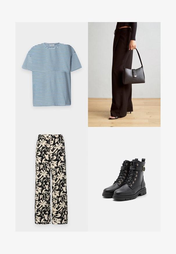 Svītrains T-krekls gaiši zils un balts, ar īsām piedurknēm un apaļu kakla izgriezumu. Izgatavots no gludas, elpojošas auduma.; Melni platie bikses ar krēmkrāsas ziedu rakstu. Izgatavotas no viegla auduma, kuram ir gluda tekstūra un augsta jostasvietas daļa.; Melni ādas potītes zābaki ar apaļu purngalu, auklu aizdari, zelta acs, sprādžu akcentu un masīvu, teksturētu zoli.; Melnā somiņa ar strukturētu formu, gludu tekstūru un metālu sprādzi. Saskaņota ar platām melnām biksēm un sandālēm ar atvērtu purngalu uz koka grīdas.