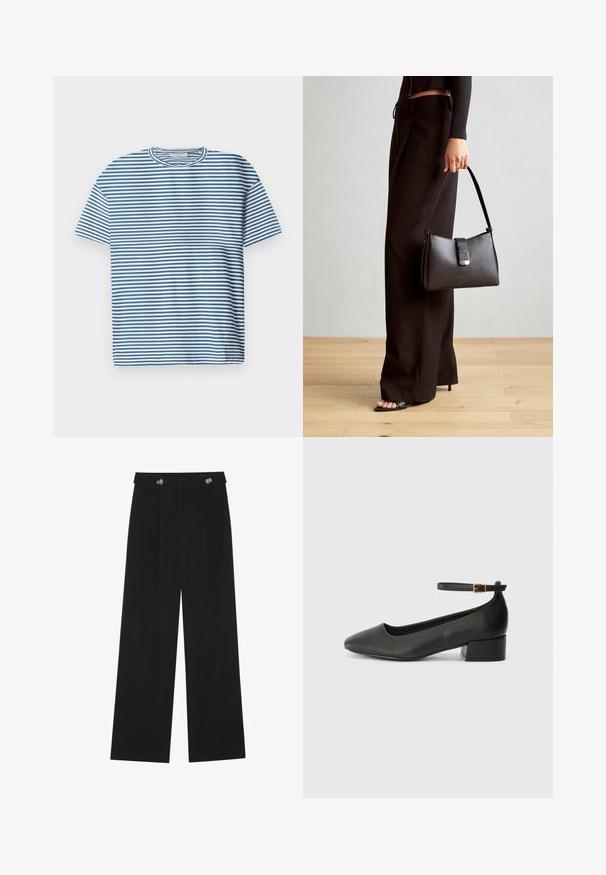 Dryžuota šviesiai mėlyna ir balta marškinėliai, su trumpomis rankovėmis ir apvaliu kaklu. Pagaminti iš lygaus, kvėpuojančio audinio.; Juodi plačios kojos kelnės su aukštu liemeniu, sagų detalėmis ant liemens ir priekinėmis raukšlėmis.; Juodas odinis aukštakulnis batelis su smailiu pirštu ir žemu bloku. Su kulkšnies dirželiu su auksinės spalvos sagtimi. Lygus paviršius.; Juodas rankinė struktūrizuota forma, lygi tekstūra ir metalinis užsegimas. Suporuota su plačiomis juodomis kelnėmis ir atvirais bateliais ant medinių grindų.