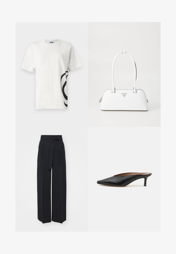 Witte katoenen t-shirt met een grote zwarte abstracte graphic op de linkerkant, korte mouwen en een ronde halslijn.; Zwarte wijde broek van zachte stof. Voorzien van een ceintuur en plooien aan de voorkant. Glad textuur met een strakke, hedendaagse stijl.; Zwarte leren muiltjes met een puntige neus en een lage, blokhak. Glad oppervlak met een gestroomlijnd ontwerp. Open achterkant met minimale details.; Witte leren handtas met een gebogen vorm, voorzien van een zilveren driehoekig logo en ritssluiting. Gladde textuur en dubbele handvaten.