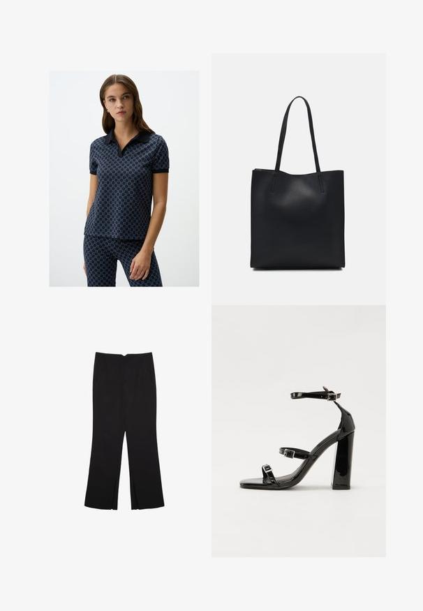 Polo shirt blu con design a fantasia, maniche corte e colletto scuro; abbinato a pantaloni a fantasia coordinati. Tessuto morbido, vestibilità casual.; Pantaloni neri a gamba dritta, con tasche frontali e spacchi laterali all'orlo. Realizzati in tessuto morbido e liscio. Adatti a diverse occasioni.; Sandali con tacco in vernice nera, con punta squadrata, cinturini alla caviglia e fibbie in argento. Presentano un tacco a blocco spesso per maggiore stabilità.; Borsa tote in pelle nera con texture liscia, forma rettangolare e due manici lunghi. Nessun hardware o decorazione visibile.