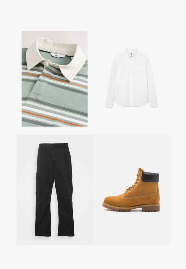 Maglietta polo con colletto color crema, caratterizzata da strisce verdi e grigie, accento arancione e due bottoni vicino a un design a scollo a v su un tessuto morbido.; Camicia bianca a maniche lunghe con bottoni, colletto, taschino frontale e una texture sottile. La parte frontale è dotata di bottoni e un piccolo dettaglio del logo.; Pantaloni cargo neri con design a gamba dritta, dotati di due tasche laterali, chiusura con bottone e un tessuto testurizzato.; Stivale alla caviglia in suede tan con collare imbottito nero, occhielli in metallo dorato, dettagli in cucitura bianca e suola in gomma robusta con battistrada pronunciato.