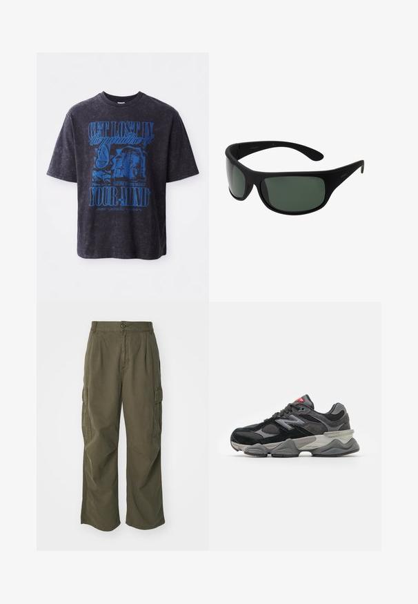 Μαύρο υπερμεγέθες t-shirt με μπλε γραφικό σχέδιο που περιλαμβάνει κείμενο και εικόνες, κατασκευασμένο από βαμβάκι με πλυμένη υφή και στρογγυλή λαιμόκοψη.; Cargo παντελόνια σε ελιά πράσινο χρώμα, φτιαγμένα από βαμβάκι, με σχέδιο φαρδιάς εφαρμογής, πτυχές και πλαϊνές τσέπες για πρακτικότητα.; Μαύρο και γκρι αθλητικό παπούτσι με συνδυασμό σουέτ και mesh υλικών, παχύ πάτο, εξέχον λογότυπο και κόκκινη λεπτομέρεια στη γλώσσα.; Μαύρα γυαλιά ηλίου τύπου wraparound με σκούρους πράσινους φακούς. Ματ φινίρισμα, καμπυλωτός σχεδιασμός, με ευθείες βραχίονες και διακριτική σήμανση στο πλάι.