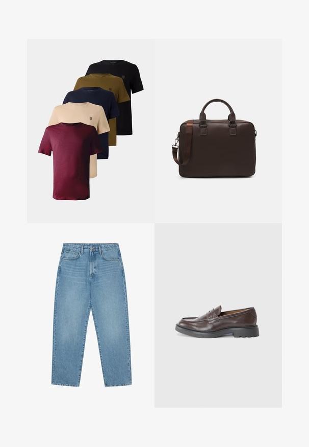 Five short-sleeve t-shirts displayed in red, beige, navy, olive green, and black, featuring a round neckline and a small logo on the chest.; Light blue denim jeans with a straight-leg cut, five-pocket design, and a slightly faded texture. Features a button and zipper closure.; Brown leather loafers with a smooth finish, round toe, minimal stitching, and a thick black rubber sole. No visible hardware or accents.; Brown leather laptop bag with a textured surface, dual top handles, adjustable strap, and two front buckles for added detail.