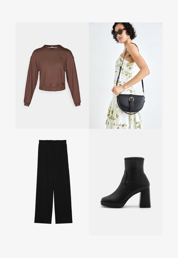 Puma STUDIO FOUNDATIONS HOODY - Pikkade varrukatega topp - espresso brown; Mustad laiad püksid rüüstatud vöökohtadega, millel on kaks küljetaskut ja ühetaoline, kerge kangas. Ilma nähtavate mustrite või seadmeteeta.; Must mustad musta nahast ankle boot kõrge plokknööriga, sile tekstuur ja hästi sobiv ülaosa. Omab ühtset disaini ilma nähtavate kinnitusteta.; Mustmust mustraha kõverate joontega, eemaldatava rihmaga ja kuldsete detailidega. Kotil on klapp, millel on pandladetail.