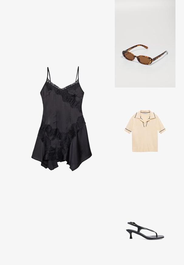 Kremna polo majica s kratkimi rokavi z globokim V-izrezom, kontrastnim črnim obrobo okoli ovratnika in rokavov ter teksturirano pletenino.; Črna satenska obleka z naramnicami iz čipke, s prilagodljivimi spaghetti naramnicami in razširjenim robom, mehko teksturo in dekorativnimi volančki.; Črne usnjene sandale z ozkim dizajnom, tankimi trakovi in majhno peto. Imajo poudarek na sponki in gladko teksturirano podplato.; Želve kreme sončna očala z ovalnimi okvirji, rjavimi lečami in tankimi črnimi ročaji, ki imajo subtilne vzorčne akcentne podrobnosti.; Črna strukturirana toaletna torba z kratkimi ročaji, ki ima zlat zaklep in poudarke. Oblikovanje je strukturirano, s geometrijsko silhueto.