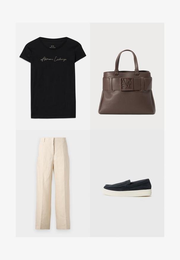 Must have lühikeste varrukatega must T-särk, mis on valmistatud puuvillast, millel on kuldsete dekoratiivkirjadega "Armani Exchange" logo rinnaosas.; Bež linasest püksid, millel on lõtv istuvus, volditud eesmine osa ja sirged jalad. Omab vööd, millel on vöökohaga silmused, ja nähtavaid taskuid ei ole.; Tumes suede slip-on kingad ümmarguse varbaga, kontrastse valge kummist tallaga ja minimaalsete õmblustdetailidega õmblustes.; Pruun nahast käekott, millel on kivideta tekstuur, ülemised käepidemed ja silmatorkav logo vööl. Omab nurgelisi aktsente ja struktureeritud kuju.