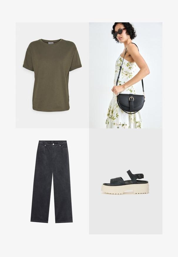 Noisy May Základné tričko - kalamata; Široké nohavice v tmavo sivej kordovej látke, s gombíkovým zapínaním, štyrmi vreckami a jemne textúrovaným povrchom.; Čierne zamšové platformové sandále s hrubou bielou podrážkou, širokým predným remienkom a nastaviteľným členkovým zapínaním. Textúrovaná podrážka pre lepšiu priľnavosť.; Čierna kožená kabelka s zaobleným tvarom, odnímateľným popruhom a zlatými doplnkami. Kabelka má klopu s detailom s prackou.