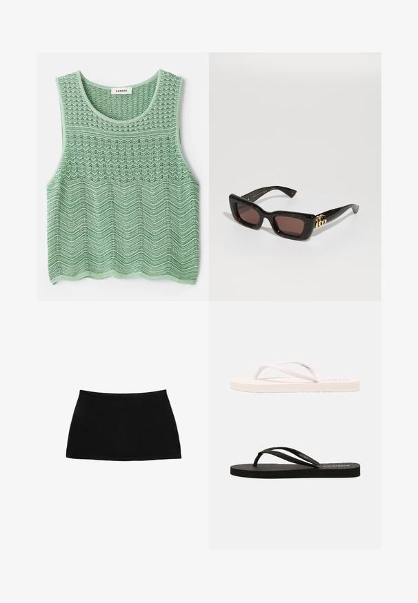 Grøn strikket ærmeløs bluse med et struktureret bølgemønster, der har en rund halsudskæring og lige kant. Mærke: Sandro.; Sort bomulds mini nederdel med en tætsiddende talje. Glat tekstur, enkelt design og lige kant. Ingen yderligere mønstre eller hardware synlige.; Hvide og sorte gummiflip-flops med strukturerede fodsenge, tynde stropper og kontrasterende farver. Hver størrelse har et simpelt design og minimal branding.; Sorte skildpadde solbriller med rektangulære linser, brun tint, tyk ramme og guld dobbelt-G logo detalje på stangen.; Stradivarius SET - Armbånd - dark brown