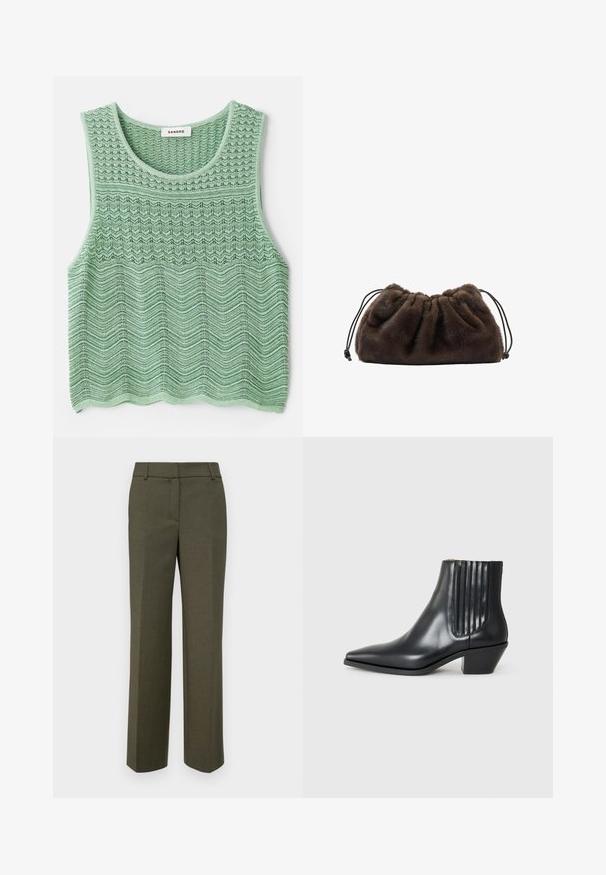 Grøn strikket ærmeløs bluse med et struktureret bølgemønster, der har en rund halsudskæring og lige kant. Mærke: Sandro.; Olivengrøn skræddersyede bukser lavet af tekstureret stof. Har et lige ben-design med flad front og ingen synlige dekorationer.; Sorte læder ankelstøvle med spids tå, elastiske sidepaneler med lodrette riller og en lav blokhæl. Glat tekstur og slankt design.; Blød, mørkebrun faux fur pouch taske med samlet top og sorte snore i hver side.