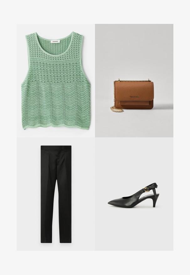 Grünes gestricktes ärmelloses Oberteil mit strukturiertem Wellenmuster, ausgestattet mit einem runden Ausschnitt und geradem Saum. Etikett: Sandro.; Schwarze Hose aus glattem Stoff, maßgeschneidertem Design, mit geraden Beinen und einem flachen Bund ohne sichtbare Verschlüsse oder Taschen.; Schwarze Leder Slingback-Pumpe mit spitzem Absatz, kleinem Absatz und einer Schnalle am Knöchelriemen. Glatte Textur, minimalistisches Design.; Braune strukturierte Ledertasche mit goldener Kettenriemen und Klappenverschluss. Die Vorderseite zeigt ein Logo-Detail und eine Tasche unter der Klappe.
