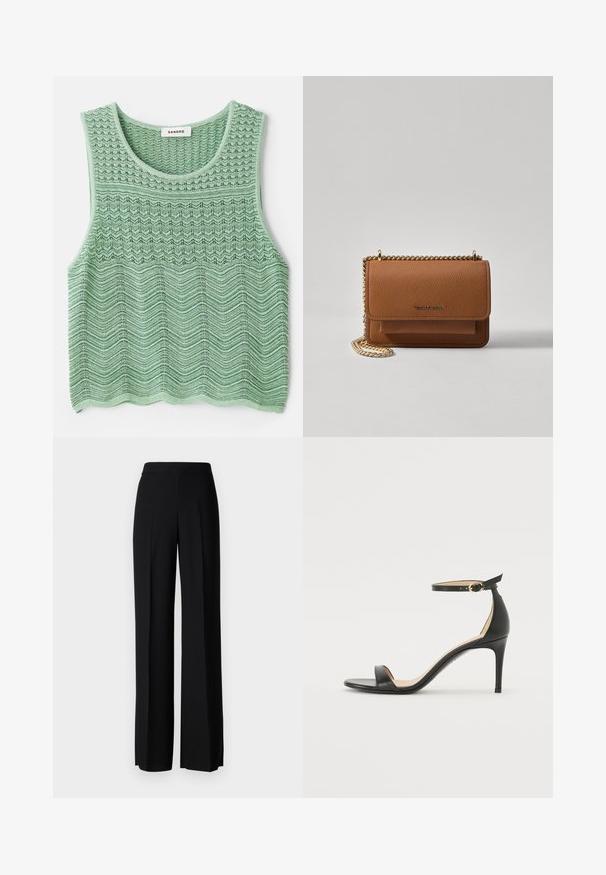 Zielony, dzianinowy top bez rękawów z teksturowanym wzorem fal, posiadający okrągły dekolt i prosty dół. Metka: Sandro.; Czarne spodnie o szerokim kroju, o gładkiej fakturze, z wysokim stanem i centralnymi kantami. Brak widocznych wzorów lub detali metalowych.; Czarne skórzane sandały na wysokim obcasie z paskiem na kostce. Charakteryzują się gładką fakturą, otwartym noskiem i cienkim obcasem. Złoty detal z klamrą.; Brązowa skórzana torba na ramię z teksturą, z złotym łańcuszkiem i zapięciem na klapkę. Z przodu znajduje się detal z logo oraz kieszeń pod klapką.