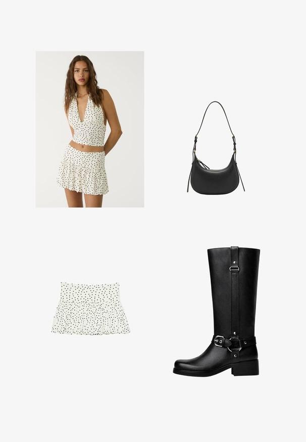 White halter top with black polka dots, featuring a deep V-neck and ruched design. Paired with a matching tiered mini skirt.; White fabric skirt with a gathered design, featuring a black polka dot pattern throughout. Elastic waistband with a flared hem.; Tall black faux leather boots with a rounded toe, accent belt buckle detail, and a chunky heel. Smooth texture and vertical seam on the shaft.; Black leather shoulder bag with a curved shape, adjustable strap, gold hardware accents, and a smooth textured surface.