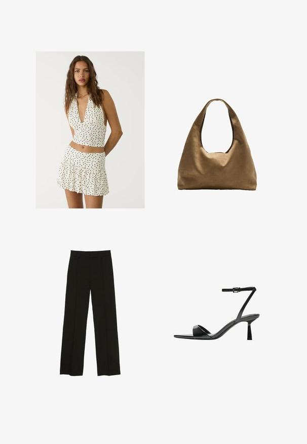 Bijela halter majica s crnim točkicama, koja ima duboki V izrez i naborani dizajn. Kombinirana s odgovarajućom mini suknjom s slojevima.; Crne široke hlače izrađene od glatkog materijala, s uskim pojasom i suptilnim prednjim naborima za dodatnu teksturu.; Bershka Sandale s visokom petom - black; Smeđa platnena torba za rame s širokim, zaobljenim tijelom i velikim izrezanim drškom. Mekana tekstura, minimalistički dizajn i bez vidljivog hardvera.