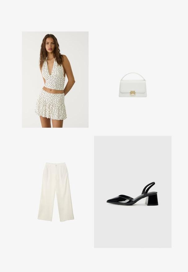 Top halter bianco con pois neri, caratterizzato da un profondo scollo a V e design arricciato. Abbinato a una mini gonna a strati coordinata.; Pantaloni a gamba larga in tessuto crema con una texture liscia, caratterizzati da un singolo bottone frontale, pieghe sottili e un design a vita alta.; Décolleté in vernice nera con punta affusolata e tacco in geometria cubica. Presentano un design elegante e minimalista, con una texture liscia.; Borsa a tracolla bianca in pelle con design strutturato, dotata di manico superiore e chiusura in metallo dorato. Texture liscia e accenti minimalisti.