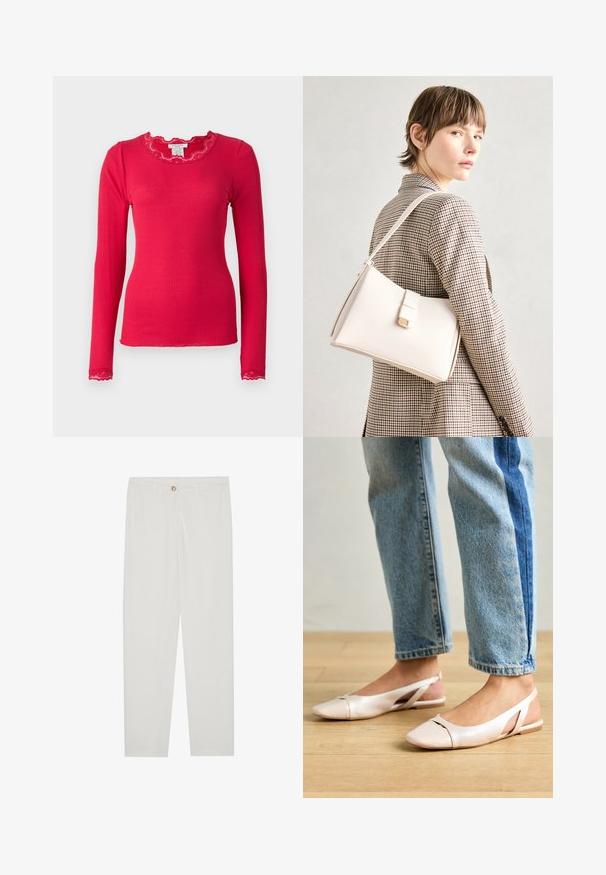 Rosemunde BABETTE - Pikkade varrukatega topp - crimson; Valged kohandatud püksid sirge lõikega, varustatud nupuga kinnitusega, vöödega ja küljetaskutega; sile kangatekstuur.; Kahvatu roosa slingback lapikute jalatsite paar, millel on terav varvas, valmistatud siledast nahataolisest materjalist. Omab külgedel lõikekohti ja lapikut kontsa.; Valge nahast käekott struktureeritud disainiga, millel on magnetlukk ja õlavarre rihm, esitletud neutraalse tausta ees.